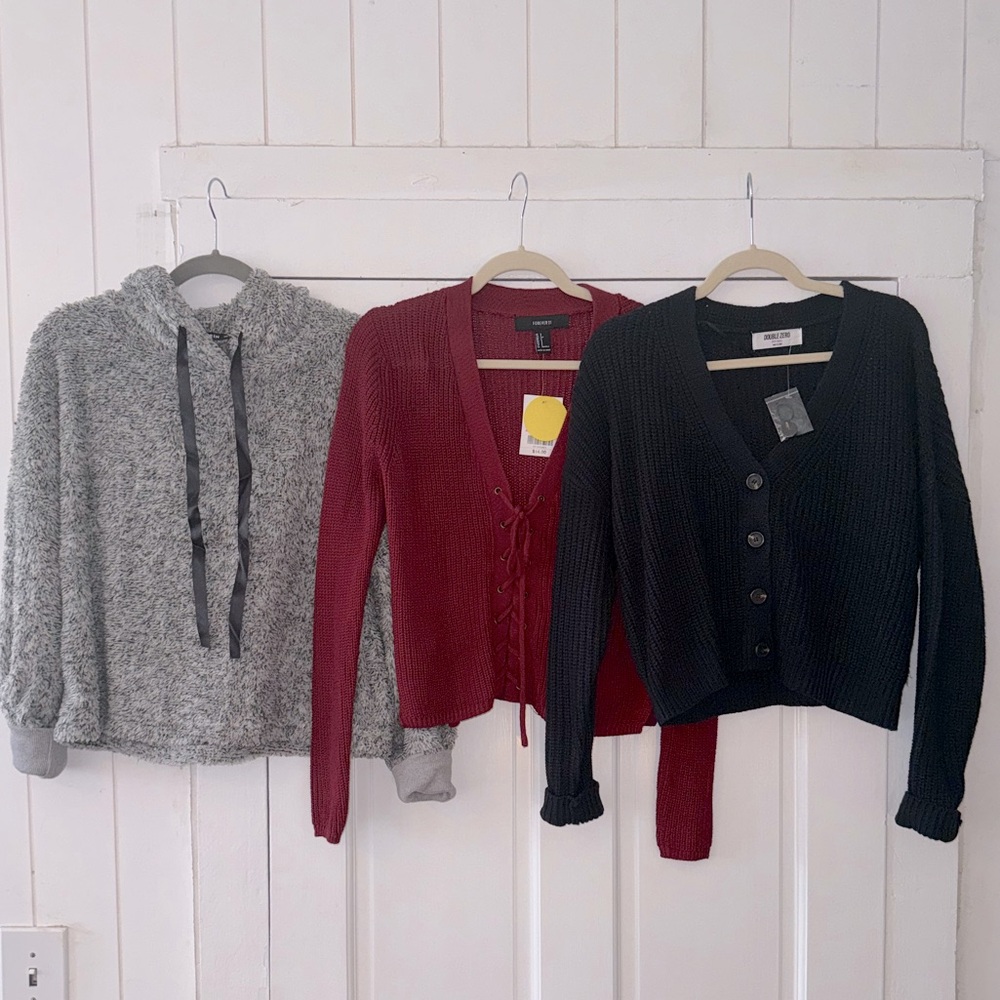 NWT 3 Women’s Sweaters, Size SMALL (Colors WINE RED, NAVY, & HEATHER GRAY)